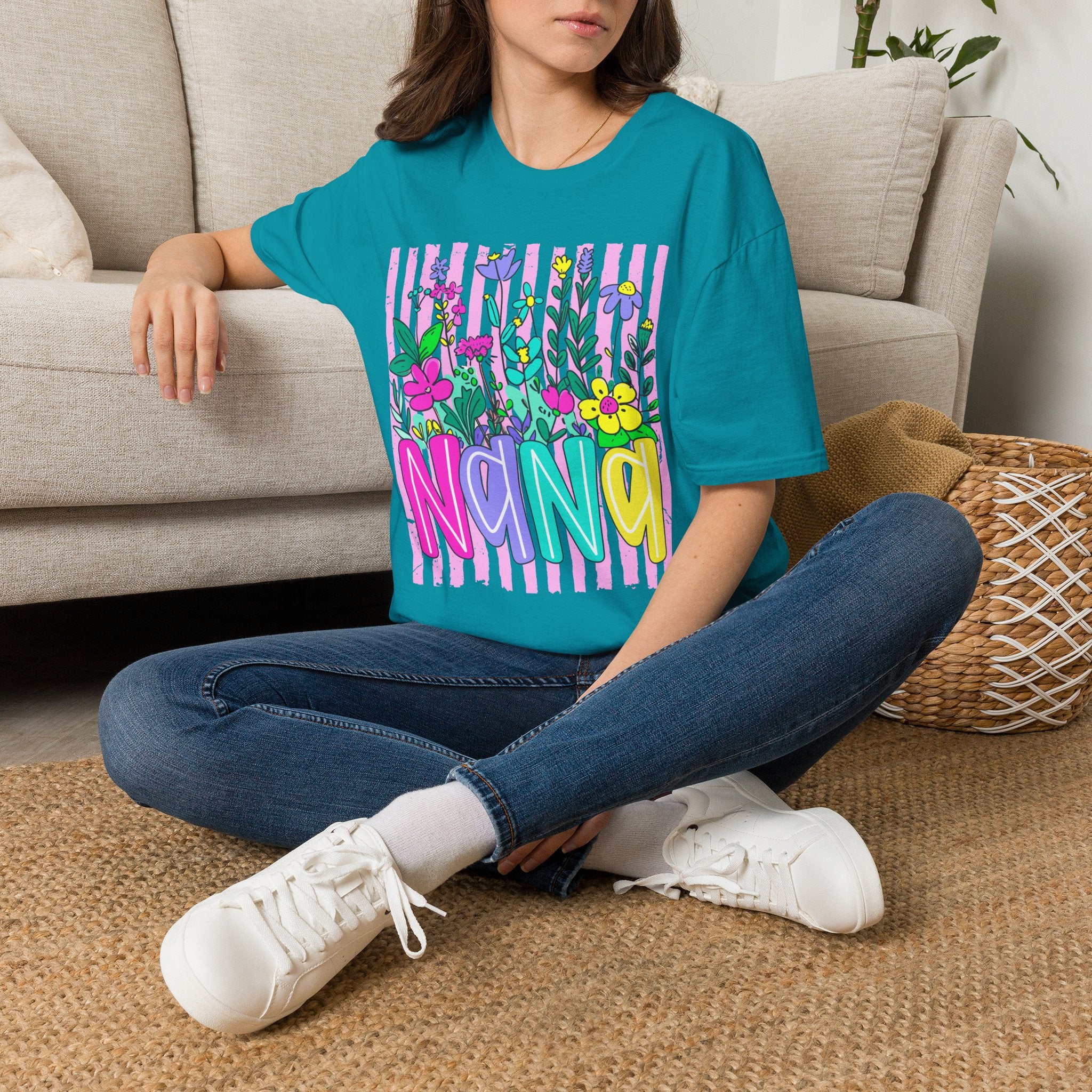 Floral Stripe "NANA" T-Shirt — Bright Garden Grandma Gift
