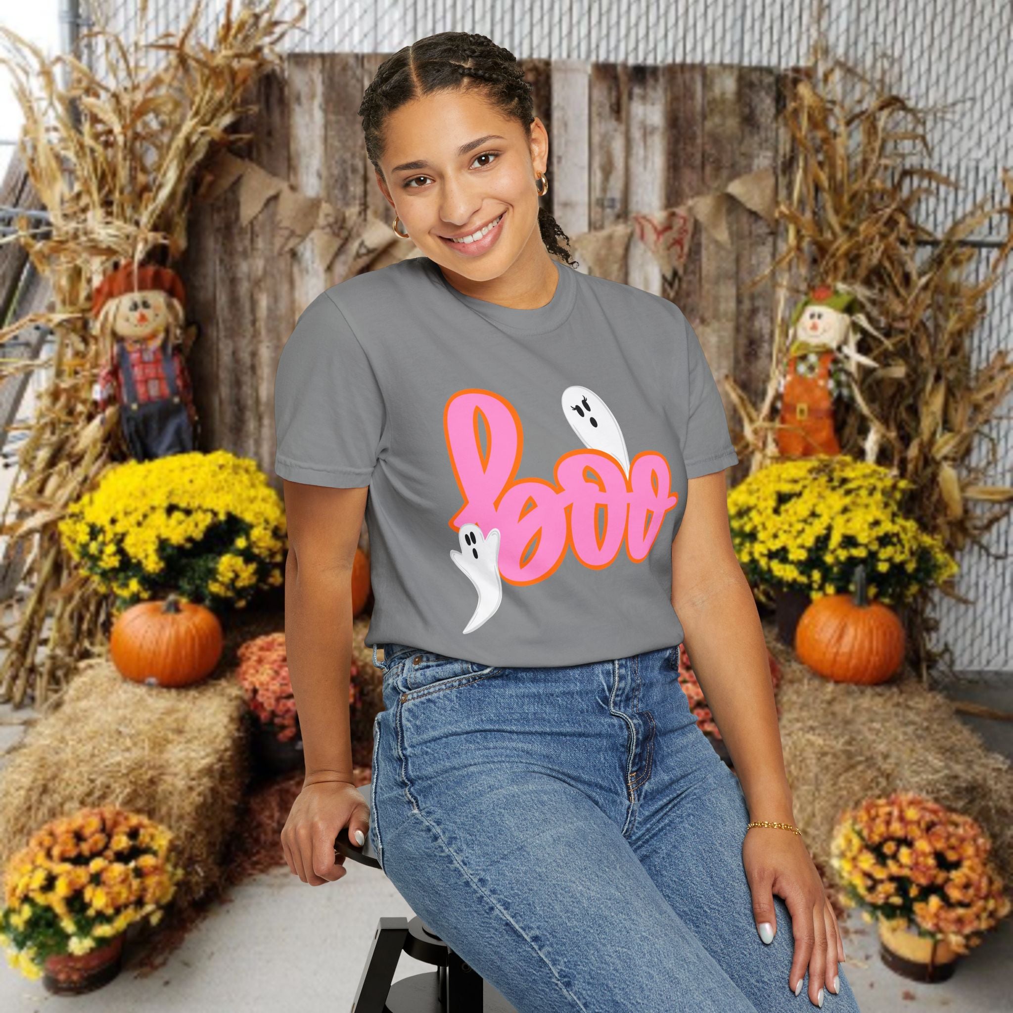 Boo Ghost Graphic T-Shirt — Pink Script Halloween Tee
