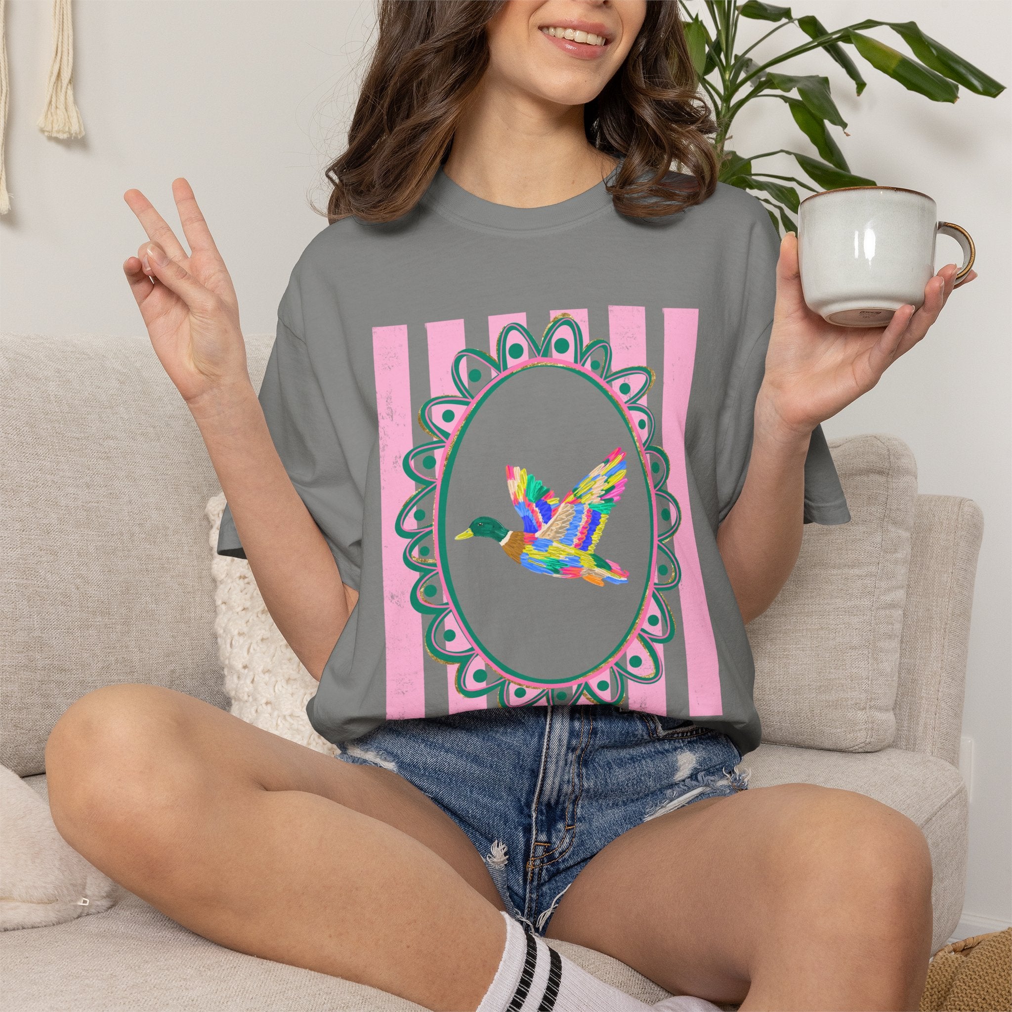 Duck Flying Floral Frame T-Shirt — Colorful Bird Graphic Tee