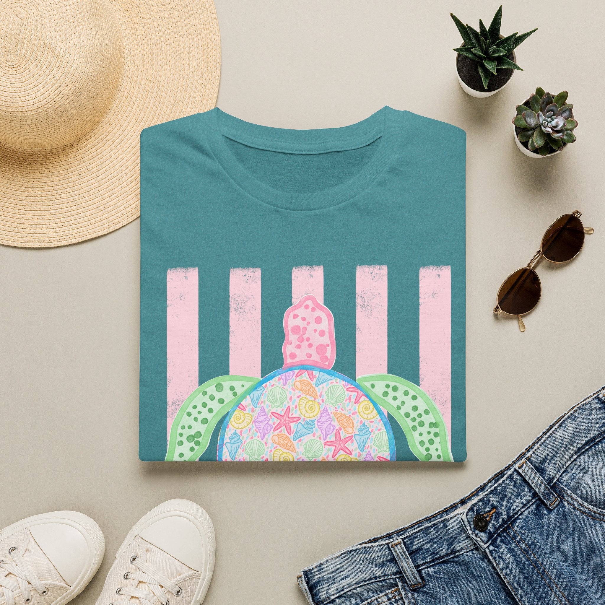 Sea Turtle Beach T-Shirt — Pastel Floral Turtle on Pink Stripes