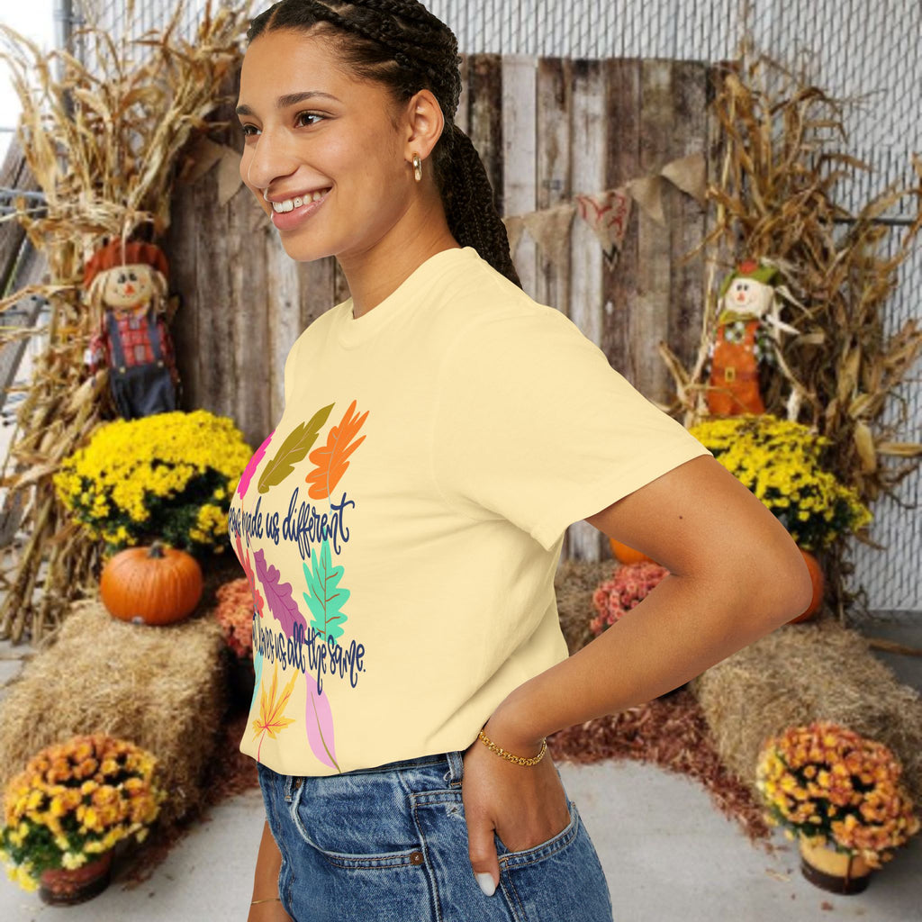 Christian Fall T-Shirt — "Jesus Made Us Different But Loves Us All The Same" (Colorful Leaves)