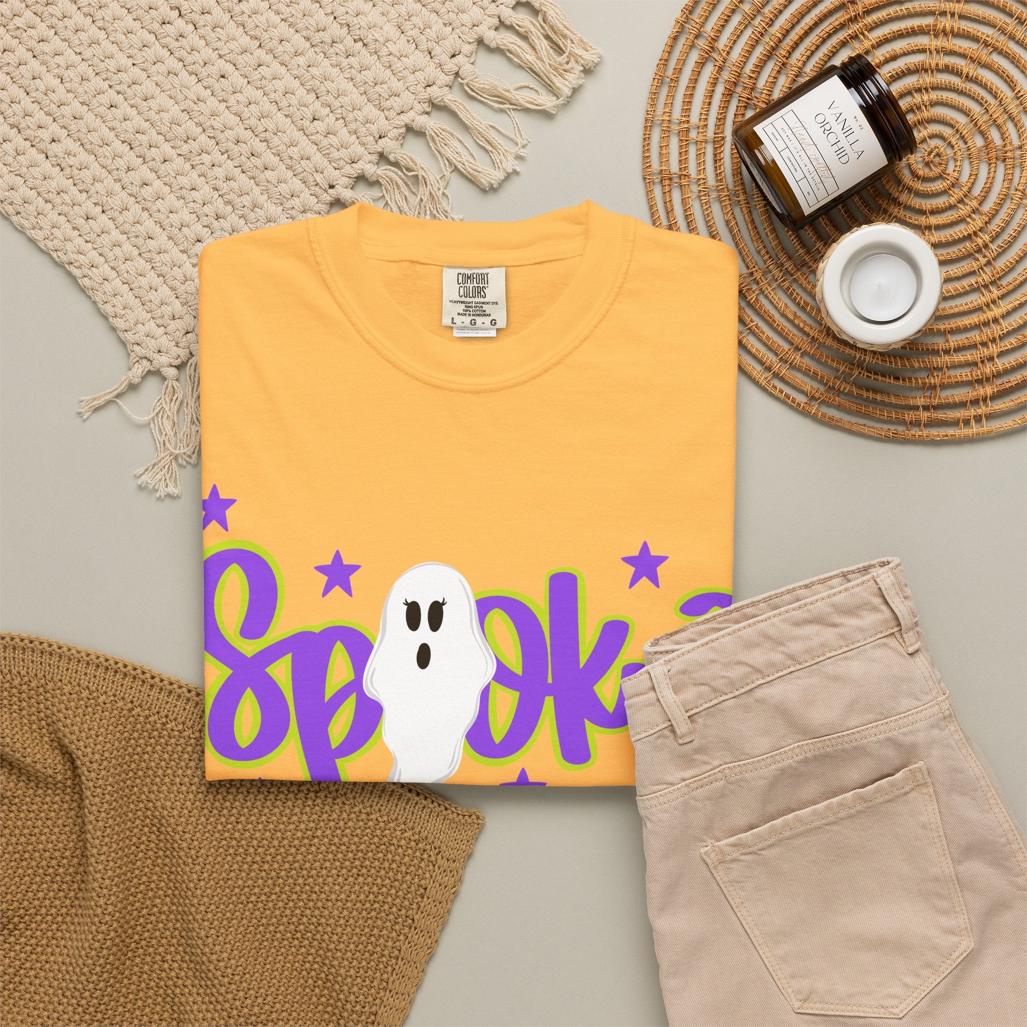 Spooky Ghost Halloween T-Shirt — Orange Graphic Tee with Cute Ghost & Stars