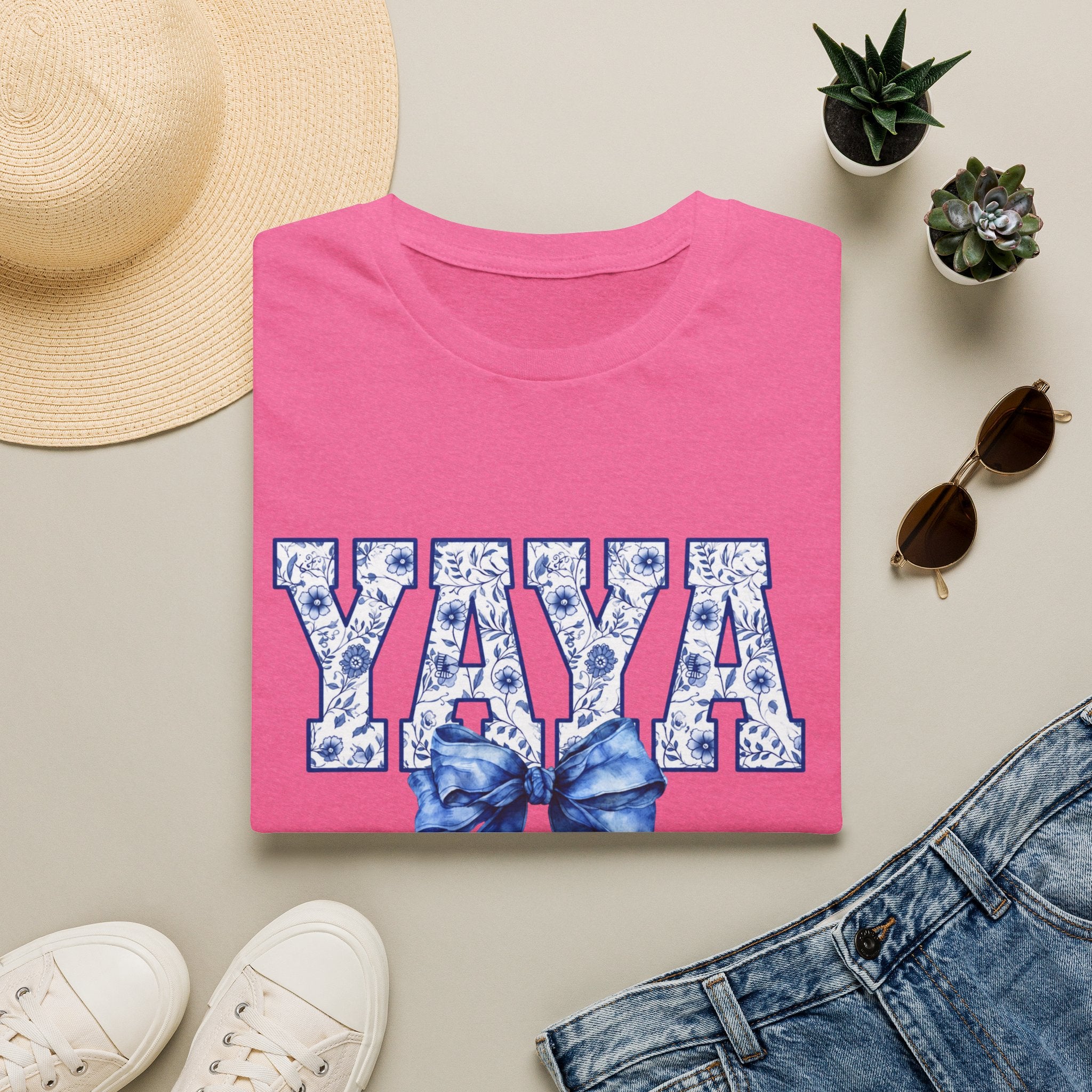 Yaya Floral Block Tee — 'YAYA' Blue Floral Design with Bow