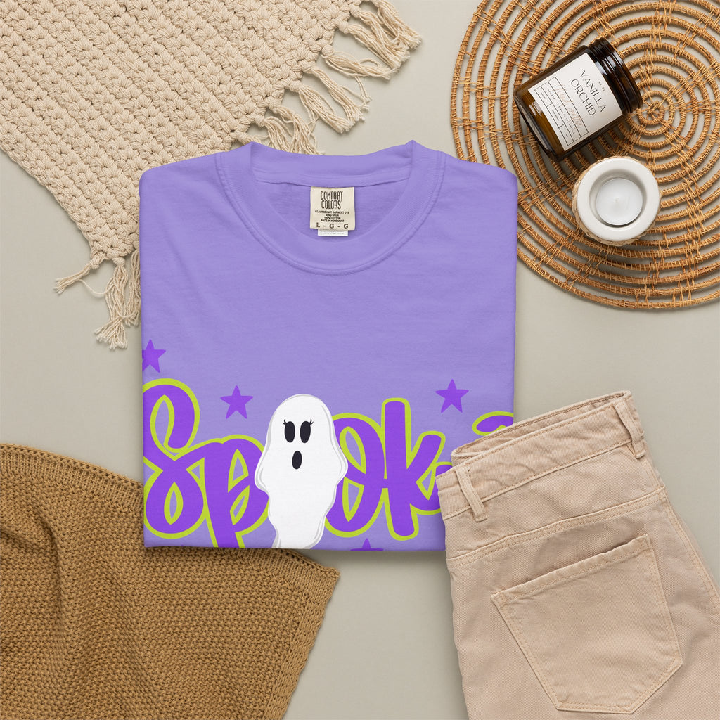 Spooky Ghost Halloween T-Shirt — Orange Graphic Tee with Cute Ghost & Stars