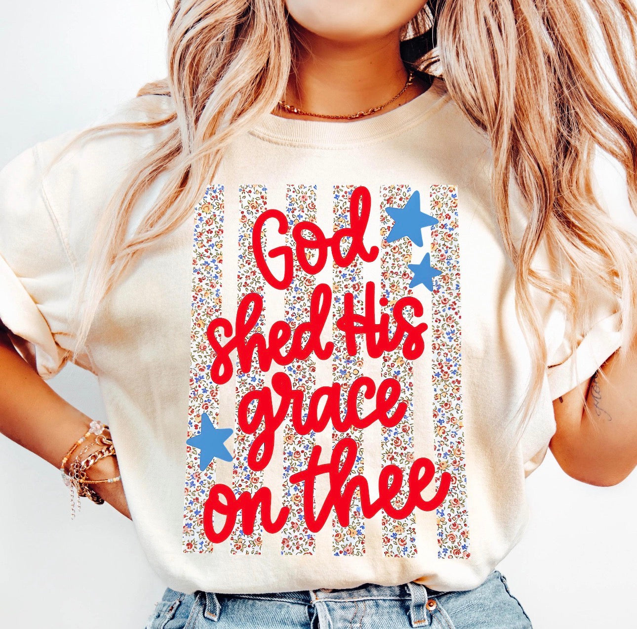 God Shed His Grace on Thee T-Shirt — Patriotic Floral Christian Tee
