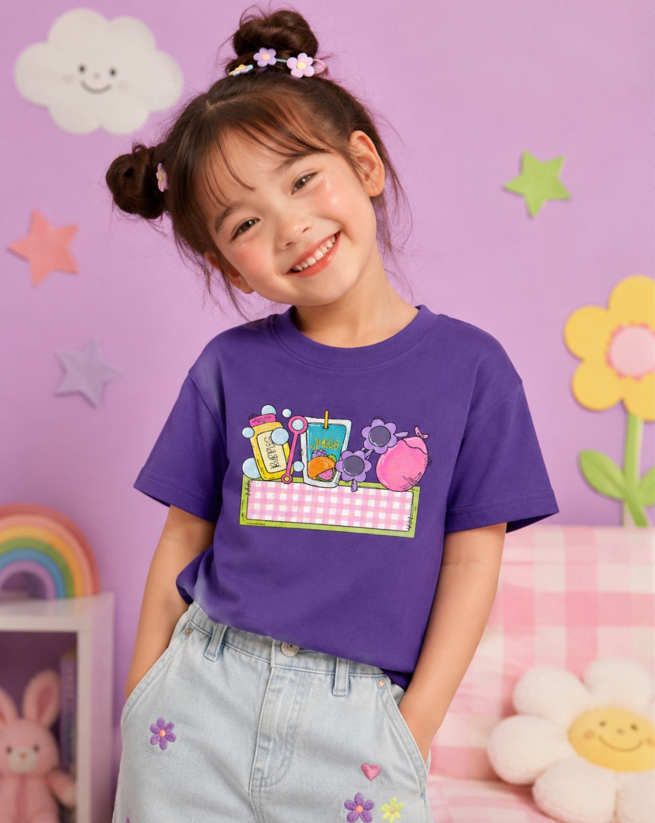 Kids T‑Shirt — Cute Picnic Snack Cartoon Bottle, Juice & Shades Design