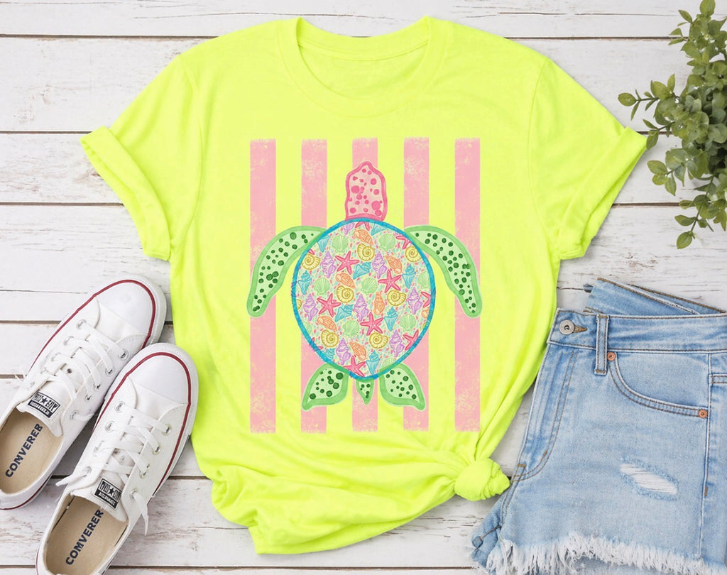 Sea Turtle Beach T-Shirt — Pastel Floral Turtle on Pink Stripes