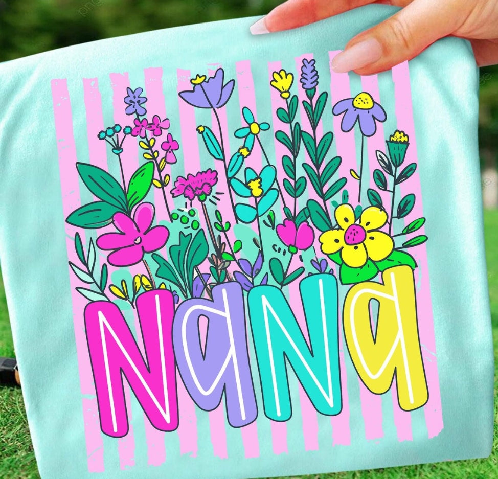 Floral Stripe "NANA" T-Shirt — Bright Garden Grandma Gift