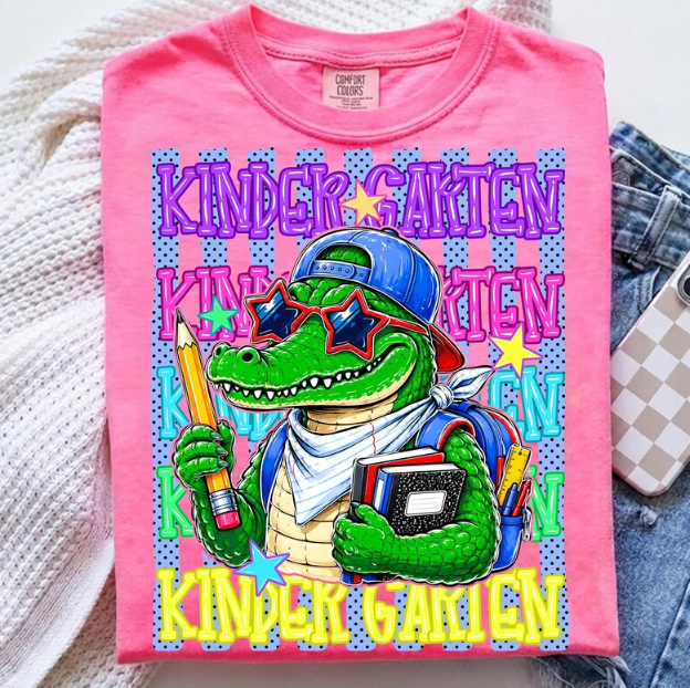 Kids Gator Teacher Tee — "Kindergarten" Colorful Alligator School Shirt