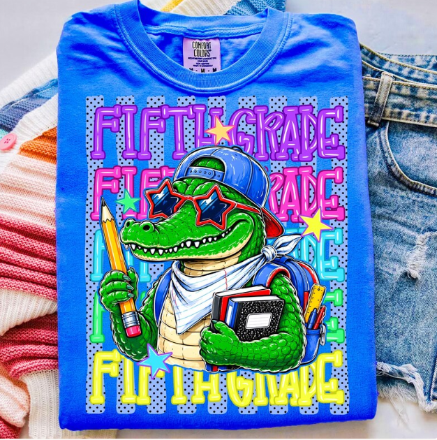 Youth Tee — Colorful Back-to-School Alligator Graphic "Fifth Grade"
