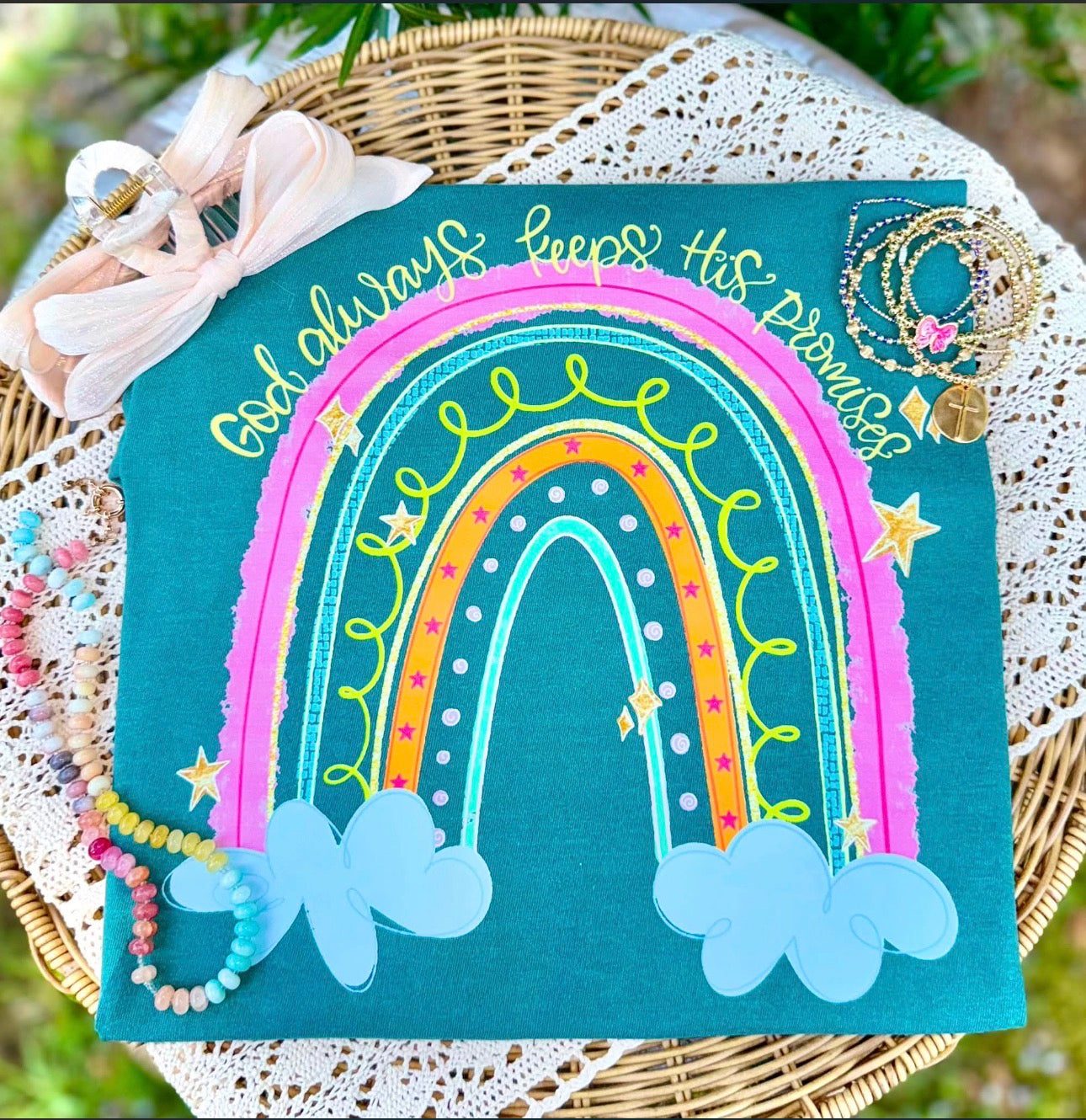 God Always keeps his Promises- Rainbow Graphic T-Shirt — Cute Pastel Rainbow with Clouds