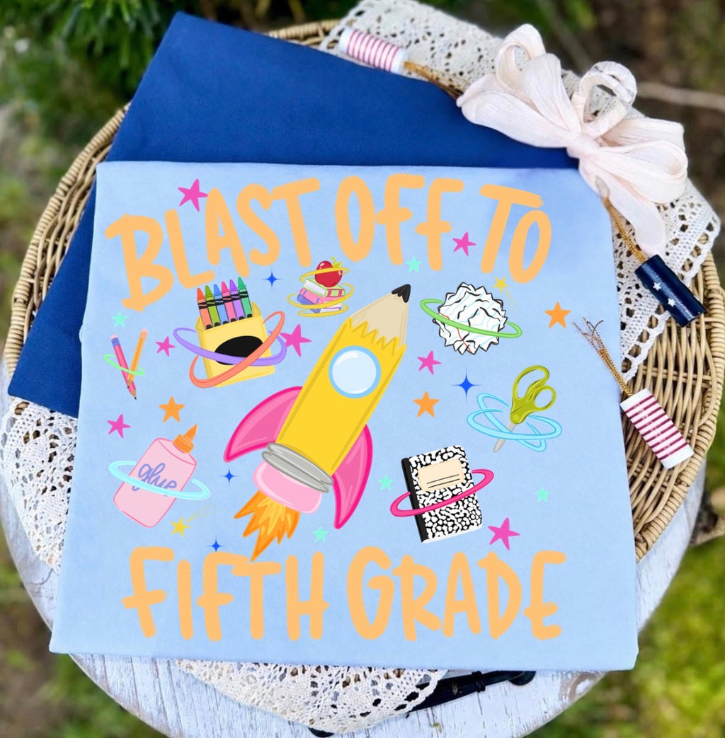 Blast Off to Fifth Grade Youth T‑Shirt — Back to School Rocket Tee