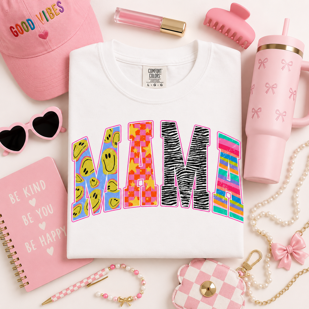 MAMA Pattern Graphic T-Shirt — Colorful Retro Beach Vibes
