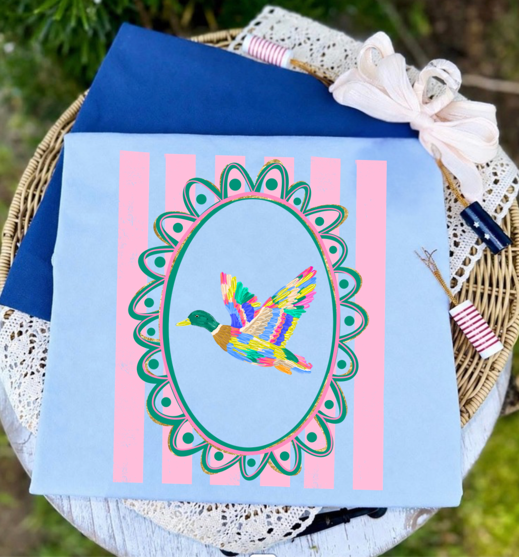 Duck Flying Floral Frame T-Shirt — Colorful Bird Graphic Tee
