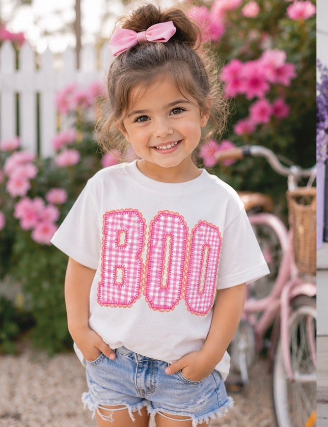 Kids 'BOO' Halloween Tee — Pink Gingham Lettering