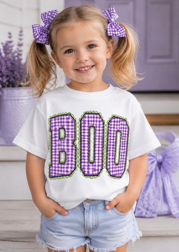 Kids Tee — 'BOO' Purple Ginghma Halloween Shirt