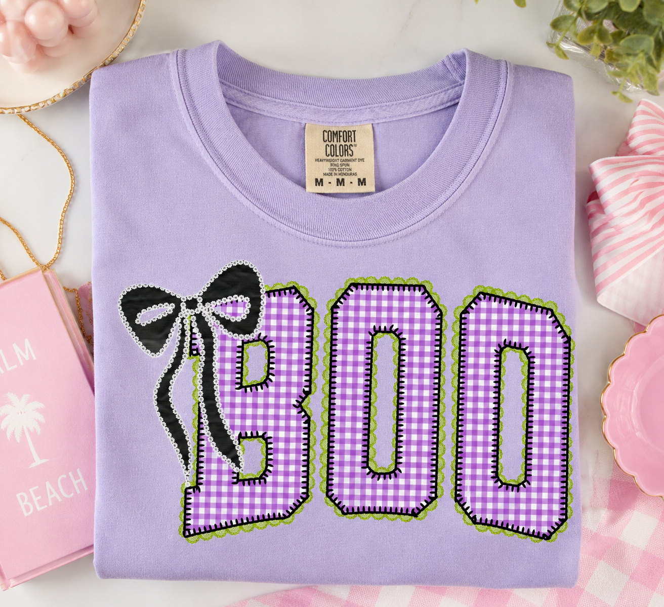 Kids Tee — 'BOO' Purple Gingham Halloween Shirt with Bat Accent