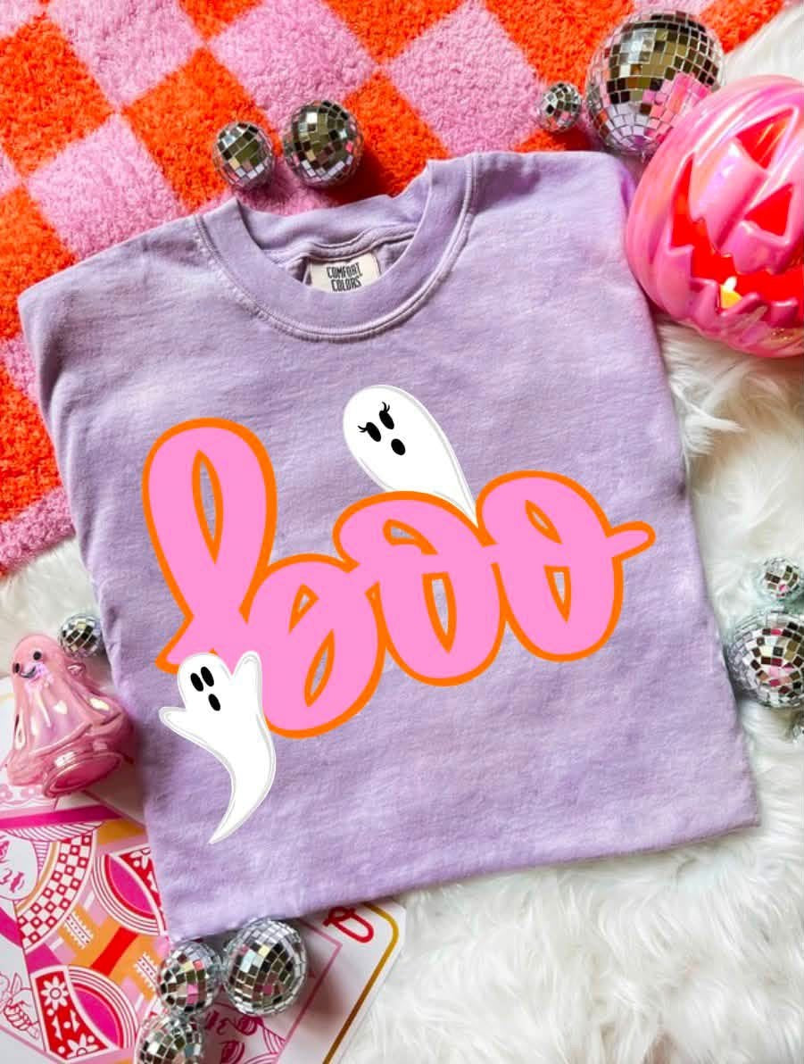 Boo Ghost Graphic T-Shirt — Pink Script Halloween Tee