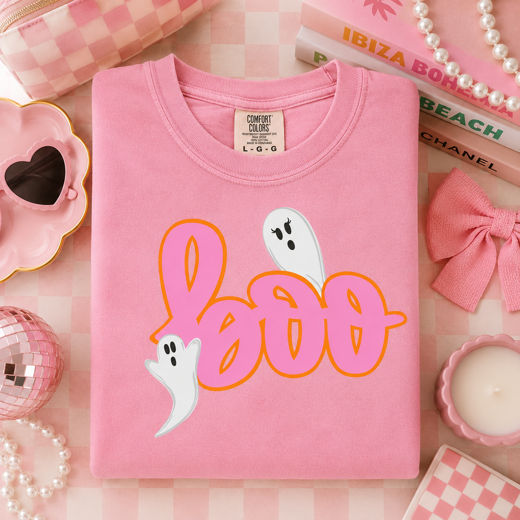 Boo Ghost Graphic T-Shirt — Pink Script Halloween Tee