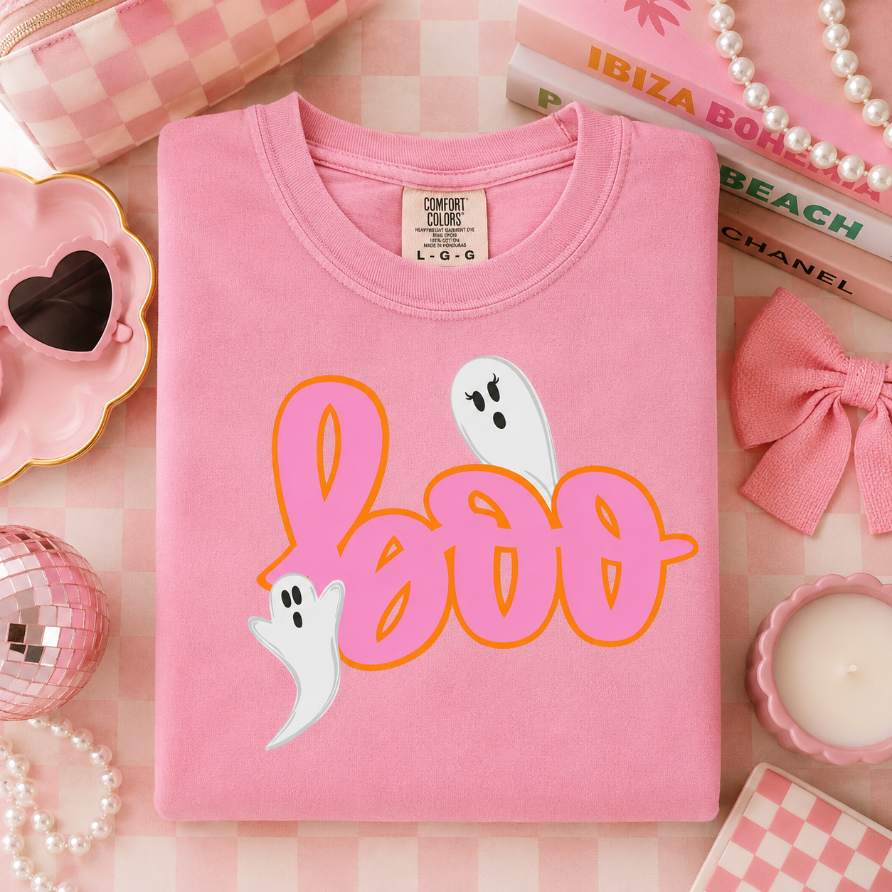 Boo Ghost Graphic T-Shirt — Pink Script Halloween Tee