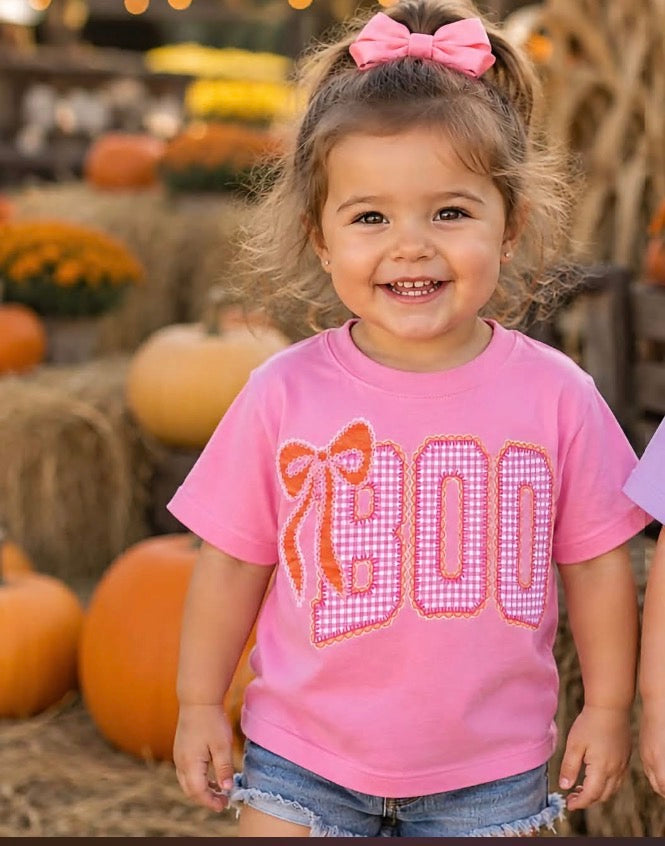 Kids Tee - Pink "BOO" Halloween Graphic with Bow