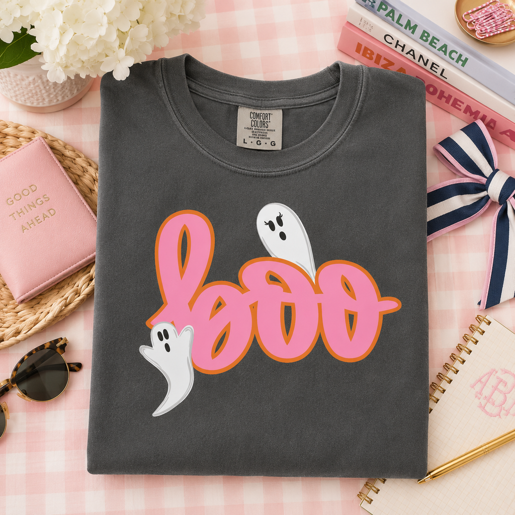 Kids 'Boo' Halloween T‑Shirt — Cute Pink Ghost Tee for Children