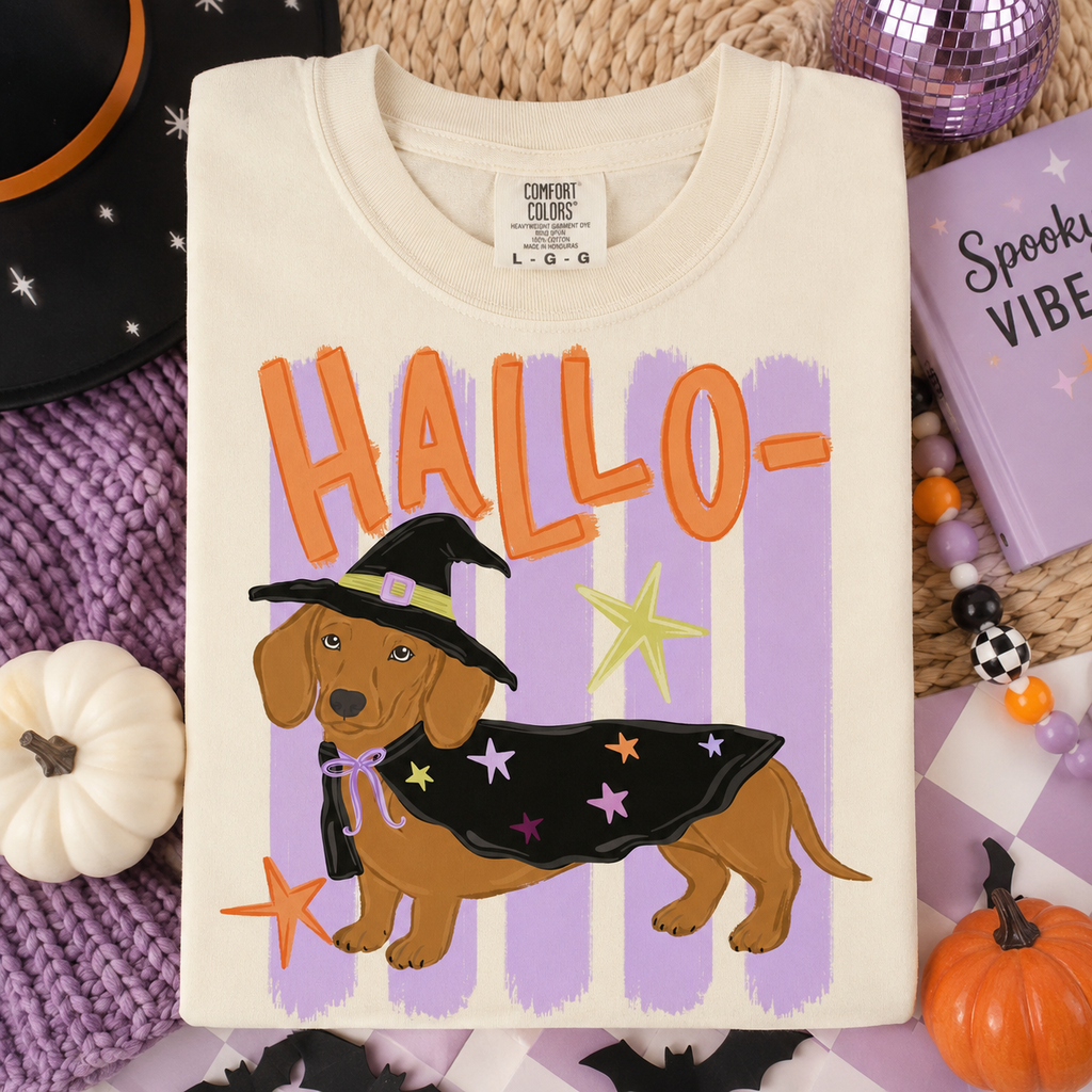 Hallo-Weenie Dachshund T-Shirt — Cute Dog in Witch Costume Graphic Tee