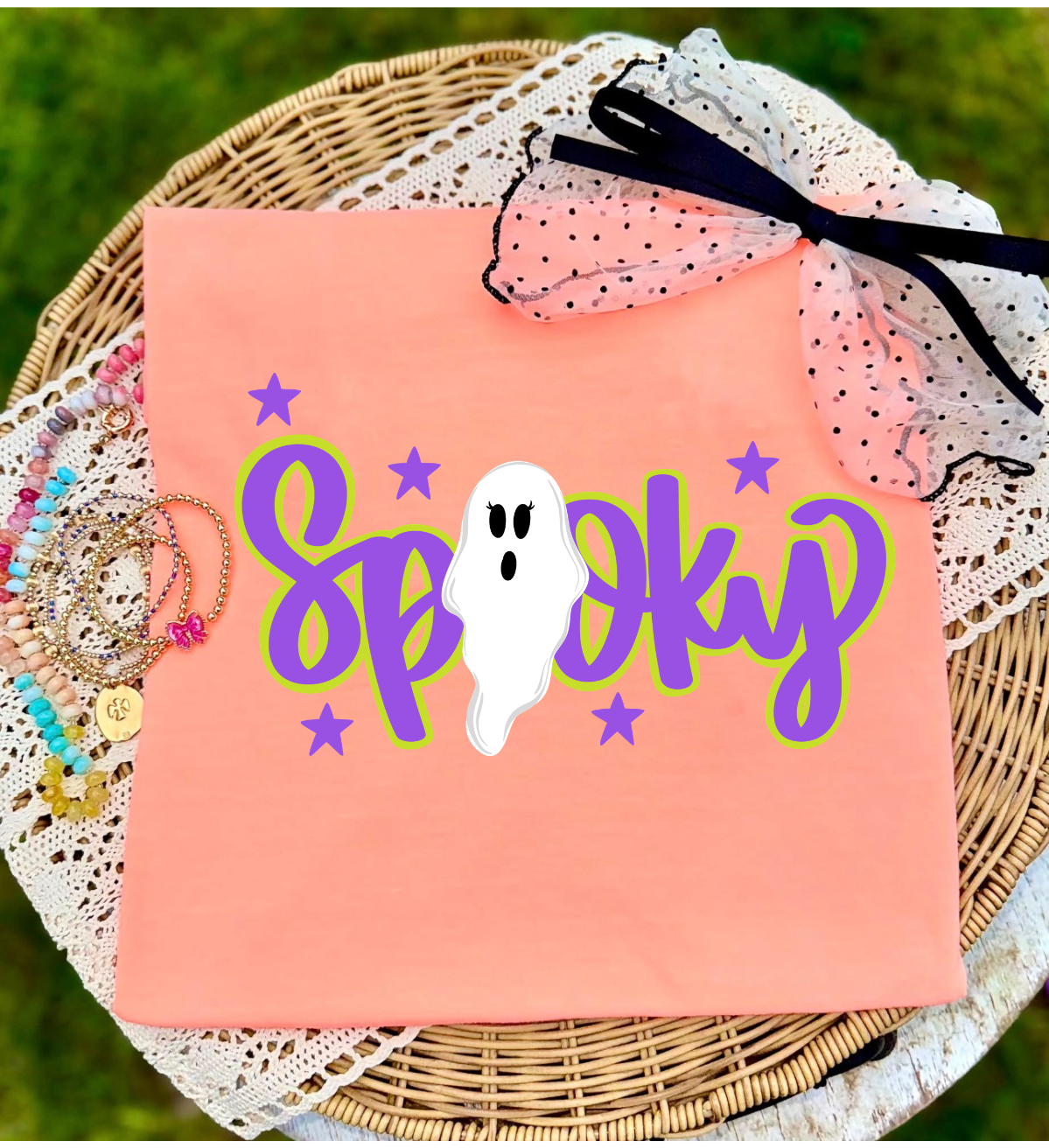 Spooky Ghost Halloween T-Shirt — Orange Graphic Tee with Cute Ghost & Stars