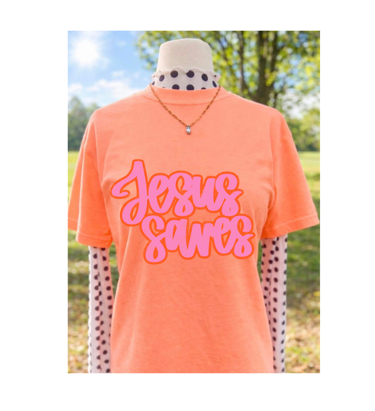 Jesus Saves Distressed T-Shirt — Retro Pink Script Christian Tee