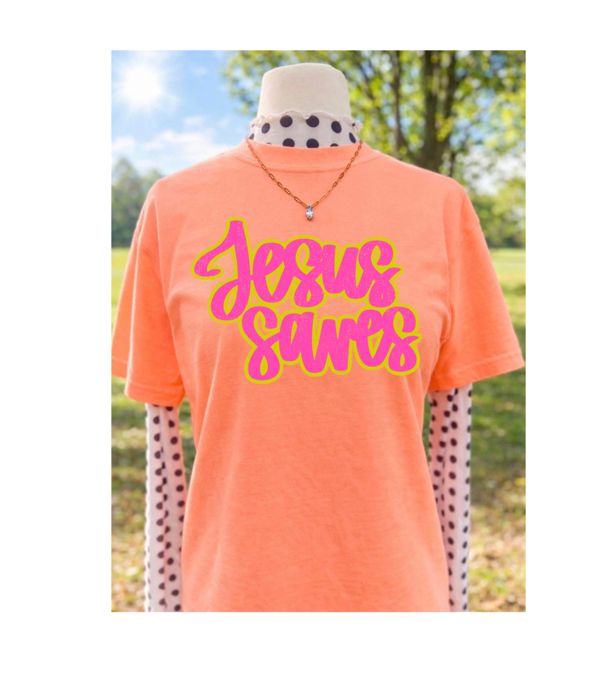 Jesus Saves T‑Shirt — Bright Pink & Green Christian Graphic Tee