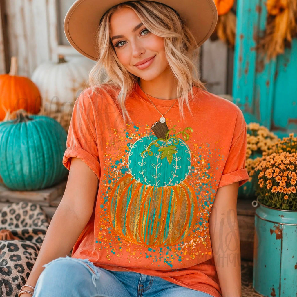 Teal & Orange Stacked Pumpkins T-Shirt — Fall Pumpkin Art Tee