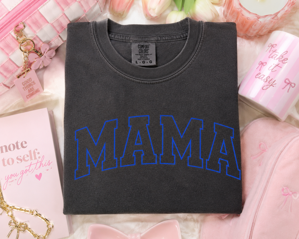 Mama Blue Graphic T-Shirt — Retro Collegiate Mom Tee