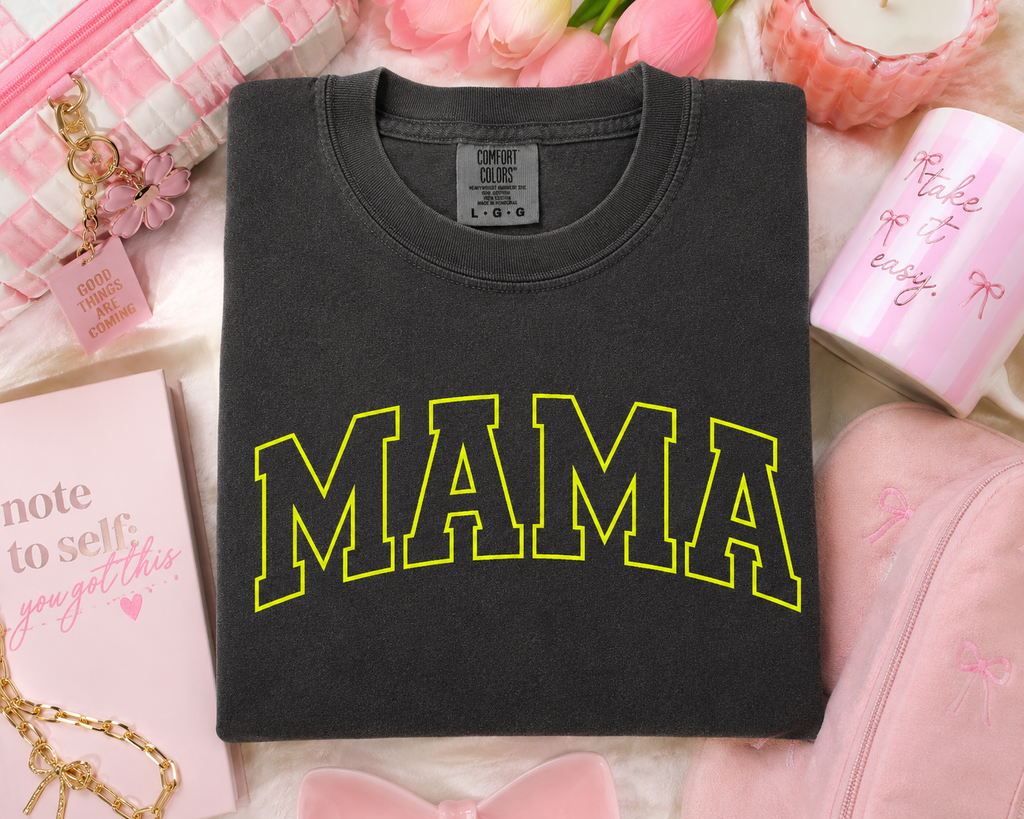 Mama Yellow Graphic T-Shirt — Vintage Collegiate Mom Tee