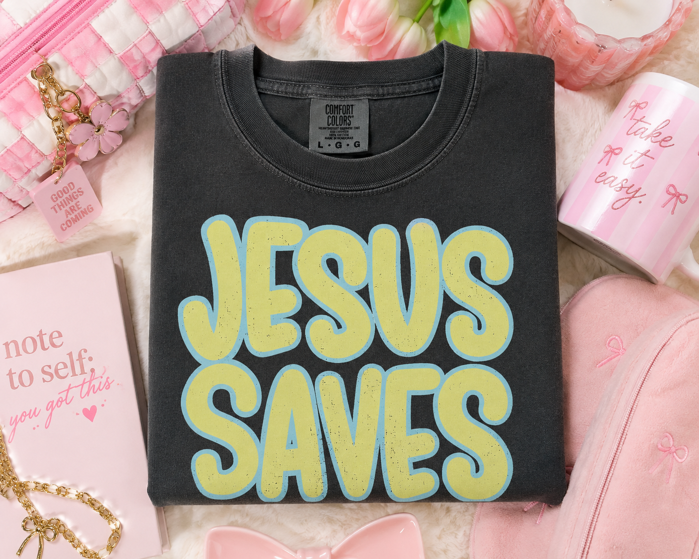 Jesus Saves T‑Shirt — Retro Bubble Text Christian Faith Tee