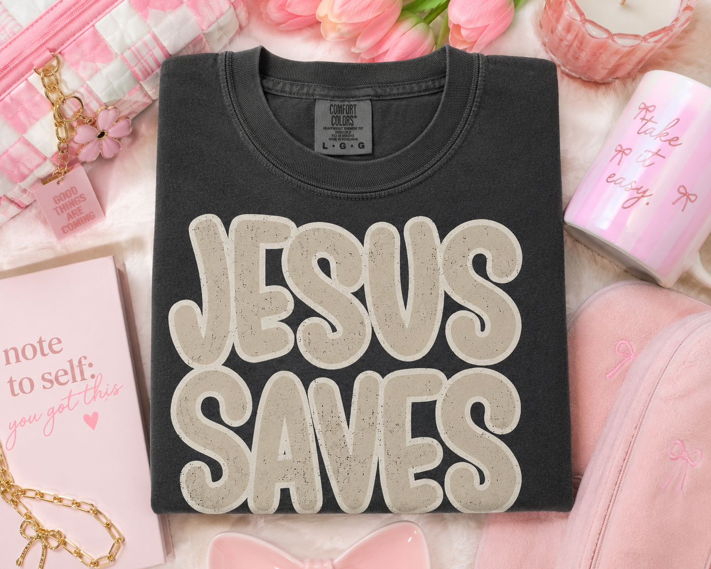 Jesus Saves T-Shirt — Retro Gold Script Christian Tee