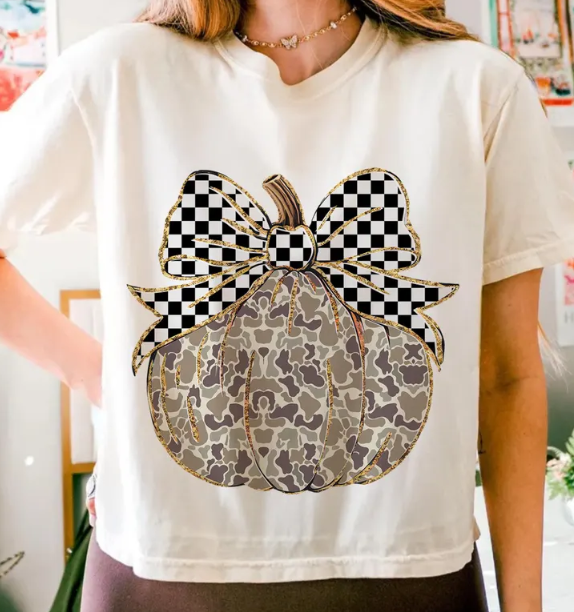 Camo Pumpkin with Checkered Bow T-Shirt