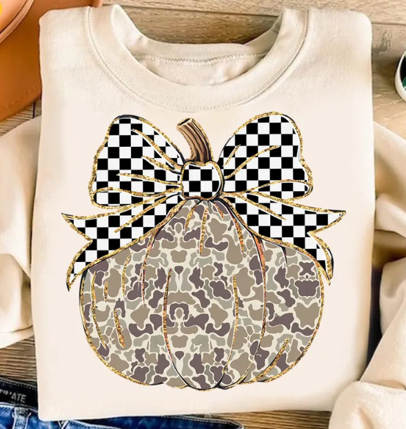 Camo Pumpkin with Checkered Bow T-Shirt
