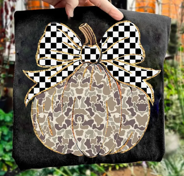 Kids Leopard Pumpkin Tee with Gingham Bow — Halloween Fall Graphic Shirt
