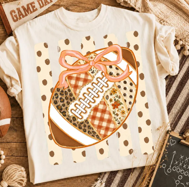 Preppy Floral Fall Football — Cute Bow & Polka Dot Game Day T-Shirt
