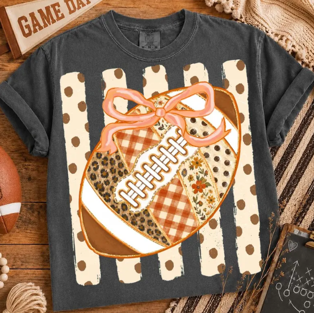 Preppy Floral Fall Football — Cute Bow & Polka Dot Game Day T-Shirt