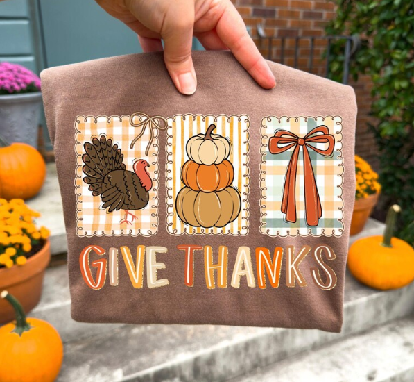 Give Thanks T-Shirt — Thanksgiving Fall Turkey Pumpkin Graphic Tee