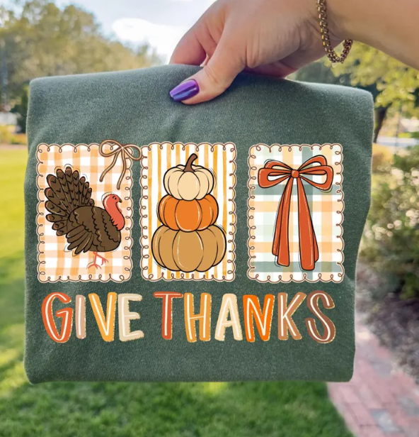 Give Thanks T-Shirt — Thanksgiving Fall Turkey Pumpkin Graphic Tee