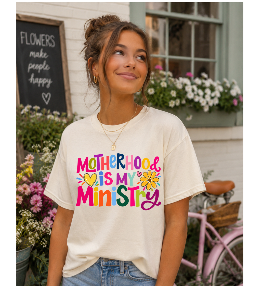 Motherhood Is My Ministry T-Shirt — Colorful Floral Moms Ministry Tee