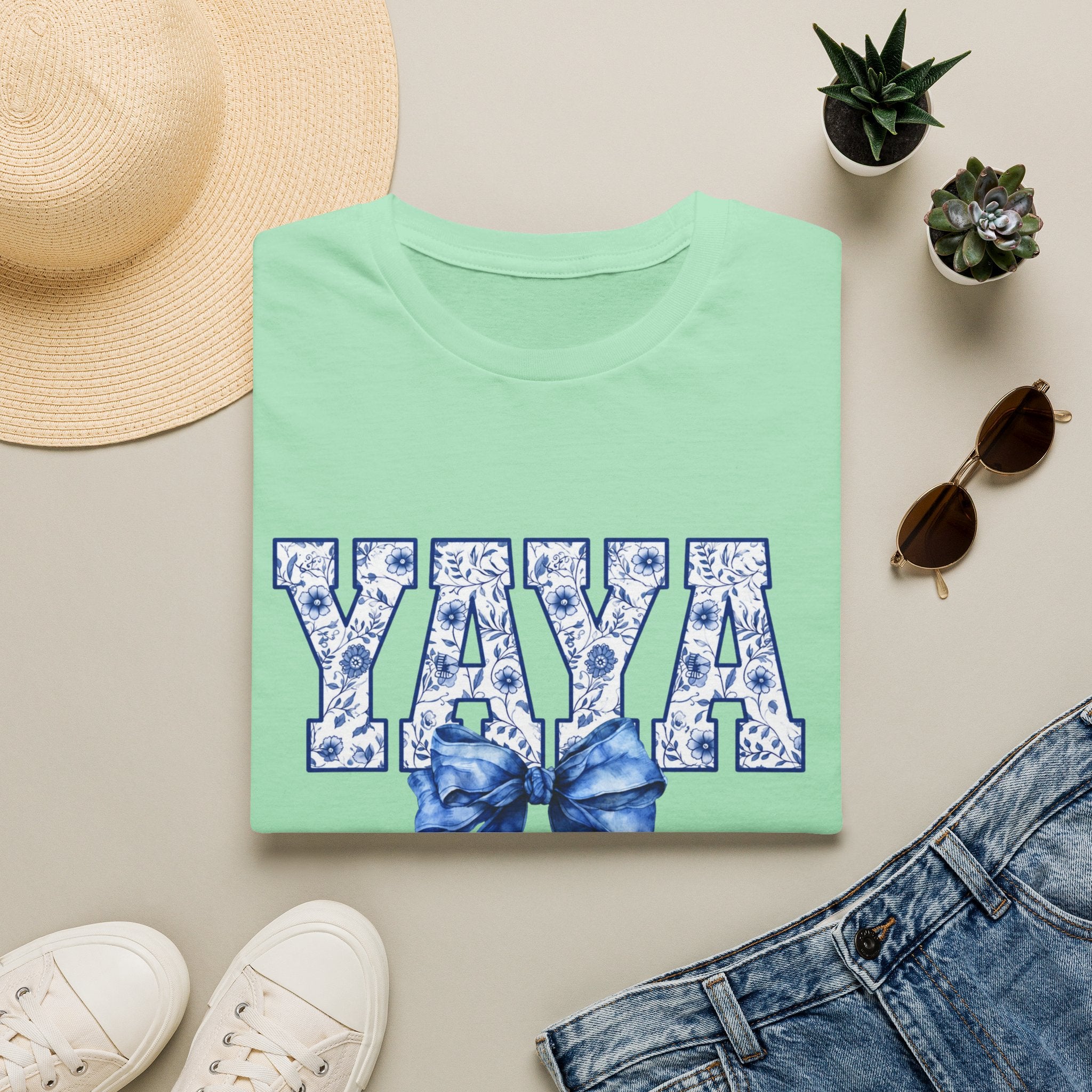 Yaya Floral Block Tee — 'YAYA' Blue Floral Design with Bow