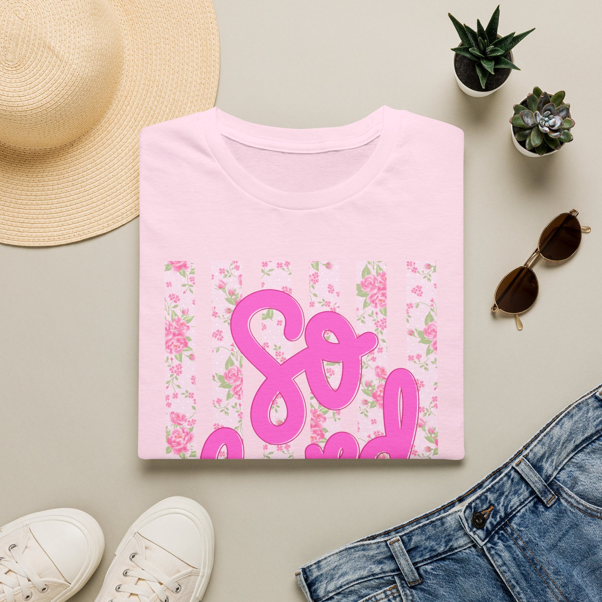 "So Loved" Pink Script Floral Stripe Graphic Tee