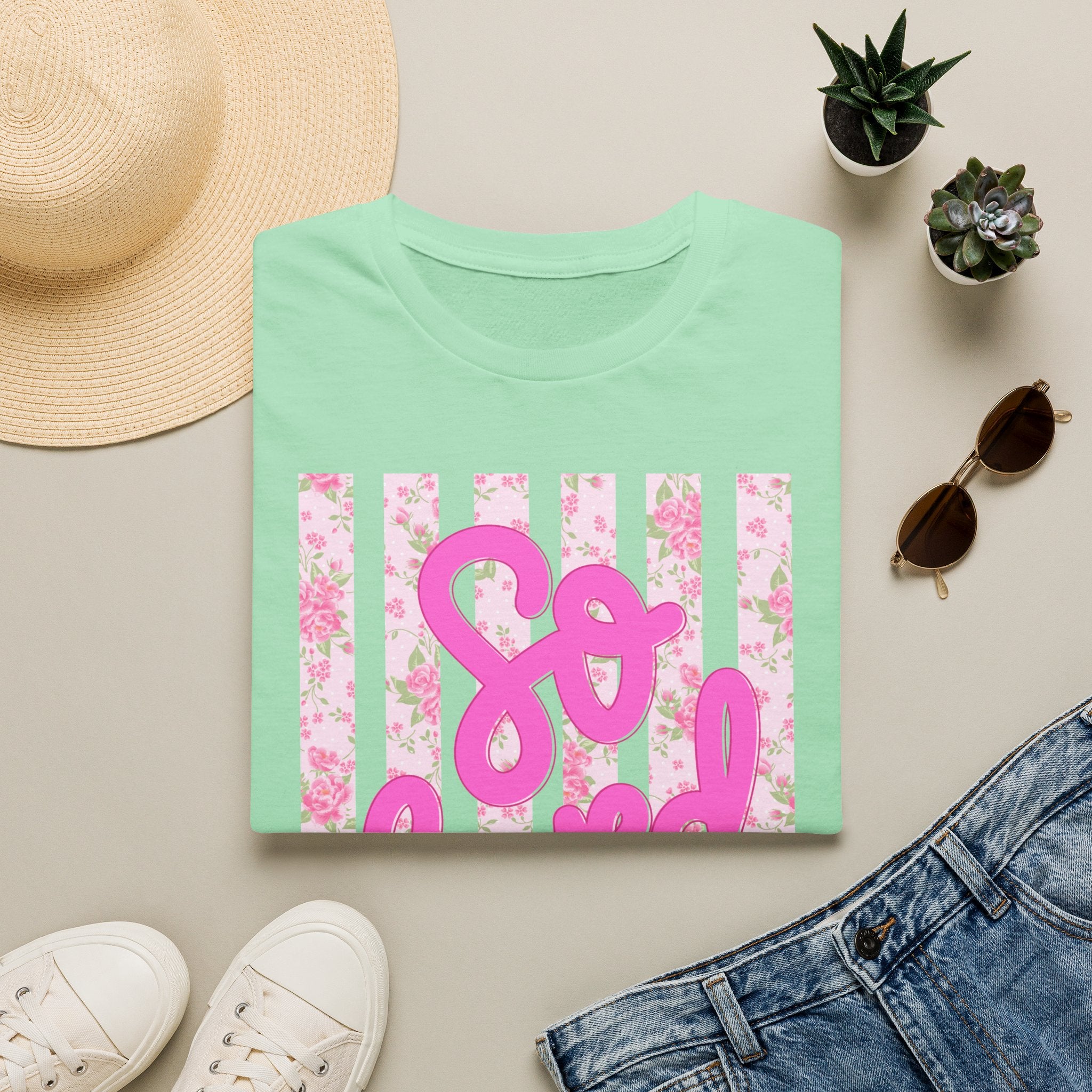 "So Loved" Pink Script Floral Stripe Graphic Tee