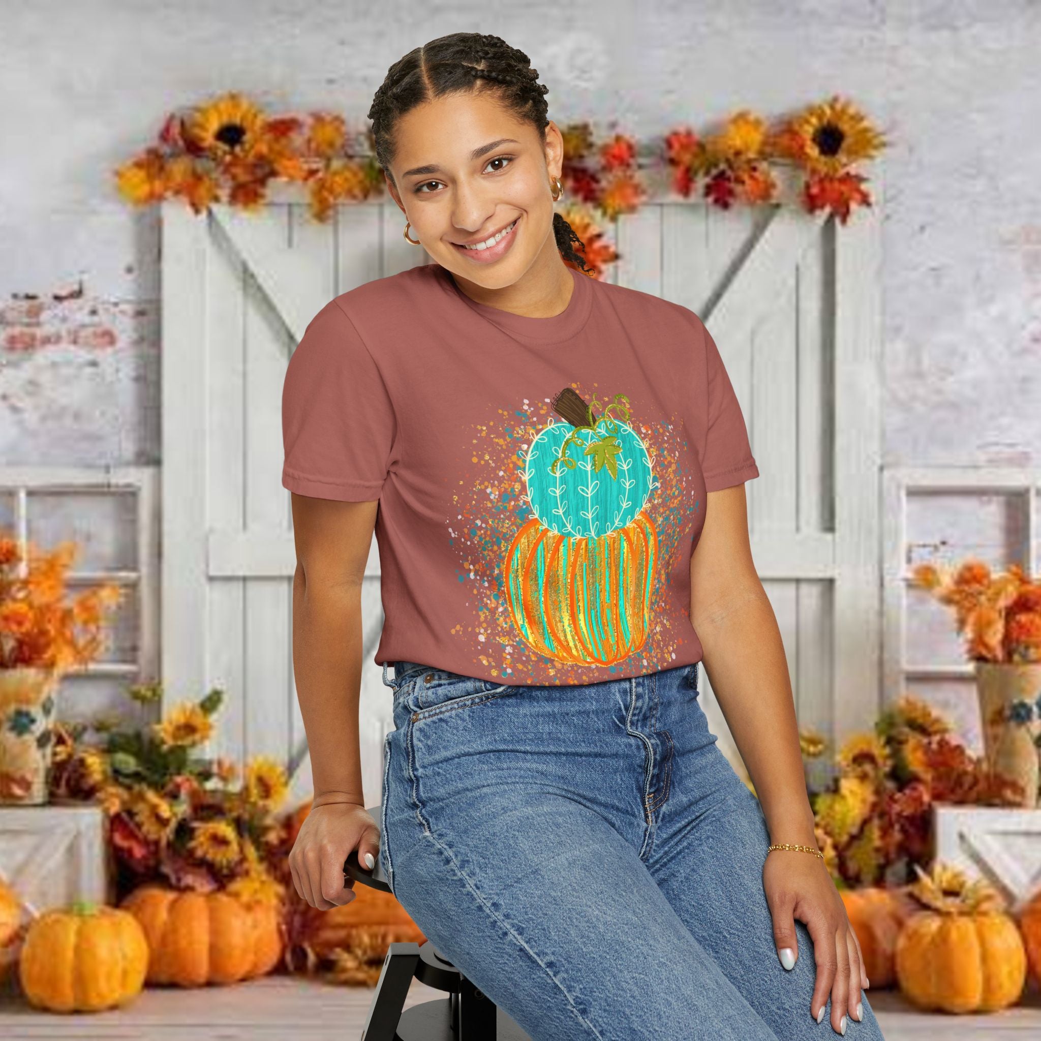 Teal & Orange Stacked Pumpkins T-Shirt — Fall Pumpkin Art Tee