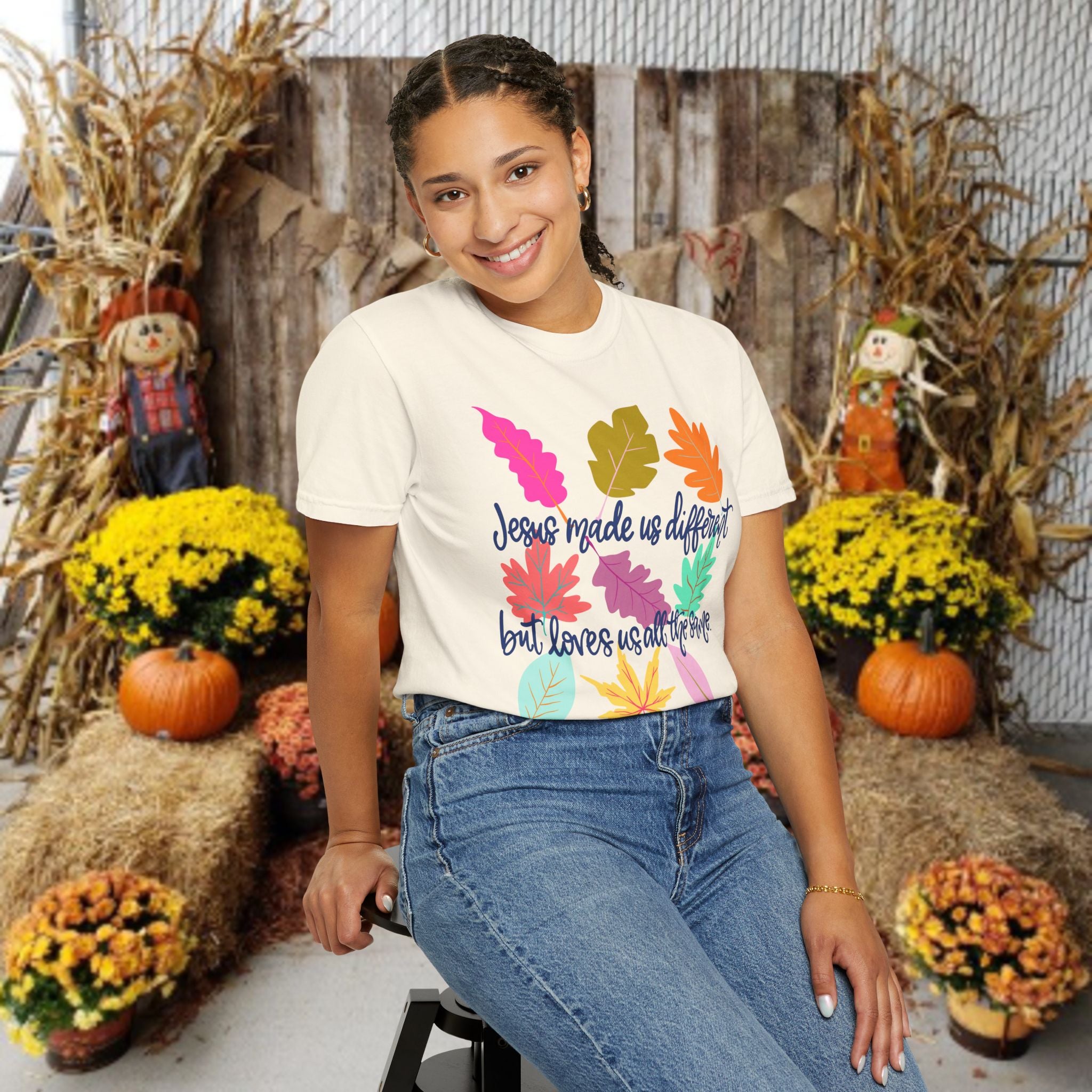 Christian Fall T-Shirt — "Jesus Made Us Different But Loves Us All The Same" (Colorful Leaves)