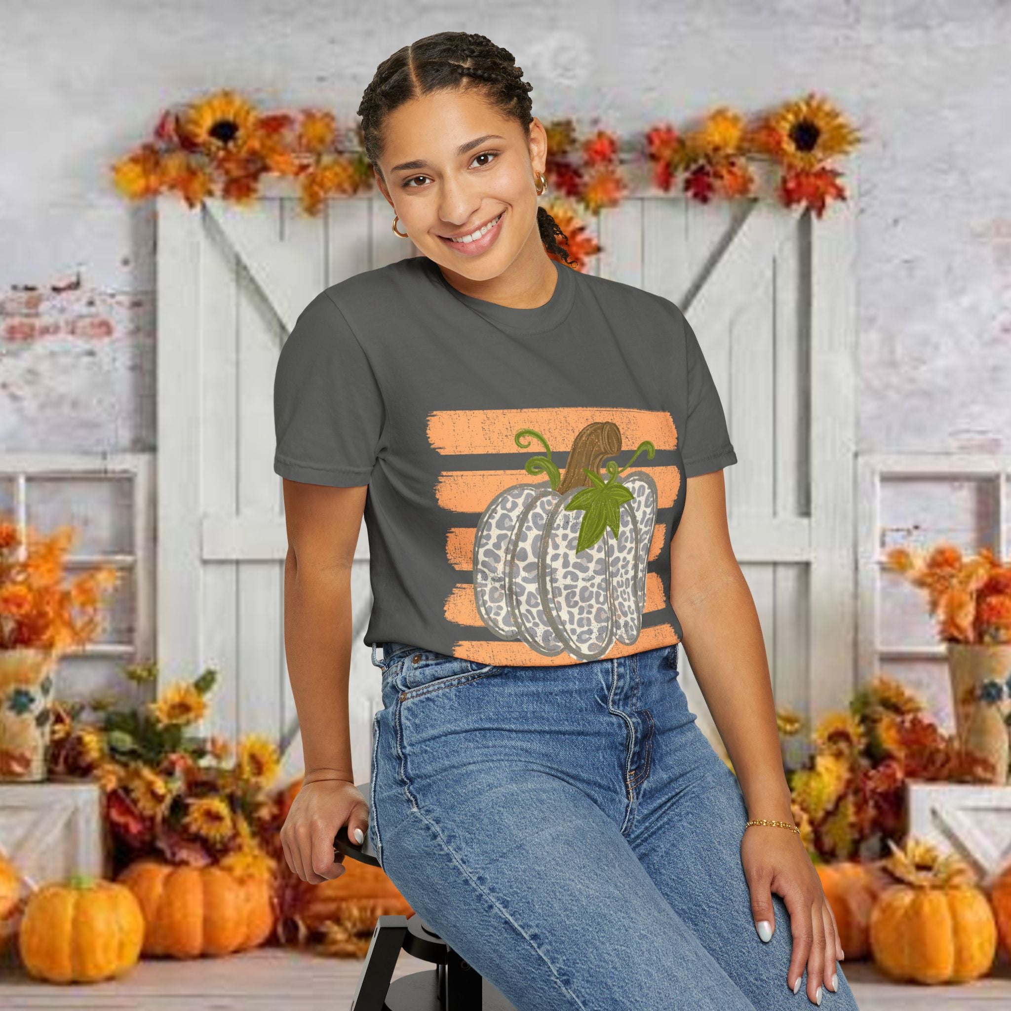 Pumpkin Stripes T-Shirt — Leopard Print Pumpkin Fall Tee