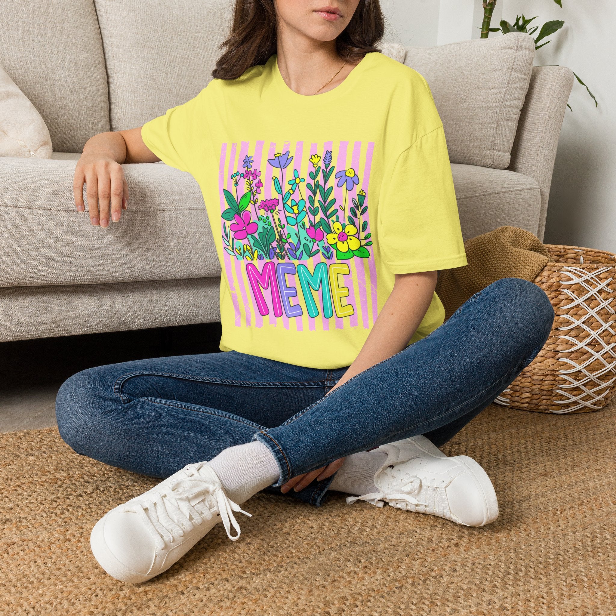 Floral 'I Meme' Tee — Bright Retro Striped Flower Graphic T-Shirt